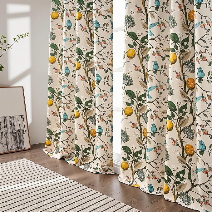 Topfinel Vintage Floral Curtains 72 Inches Long Boho French Country Grommet Botanical Hummingbird Woodland Patterned Lemon Drapes for Bedroom Dining Living Room