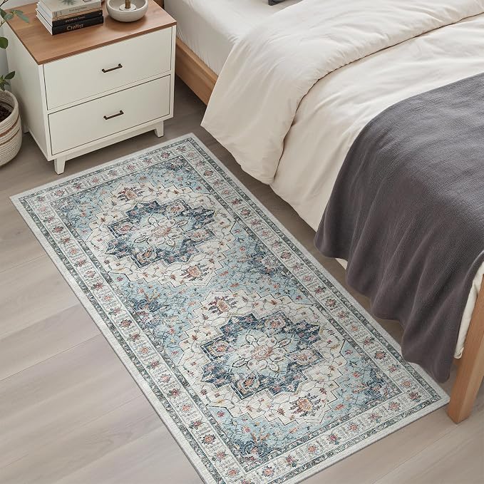 Madane Washable Area Rug 2x4, Small Entryway Rugs Non-Slip, Blue | Vintage Printed Door Mat Indoor Entrance, Low-Pile Floor Carpet Runner for Inside Front Bedroom Kitchen Entry Laundry, Stair