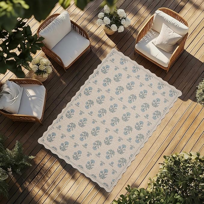 ORTIGIA Scalloped Easy Jute 5x7 Area Rug Vintage Blue Floral Farmhouse Washable Non-Slip Indoor Outdoor Carpet for Living Room Bedroom Patio Entryway
