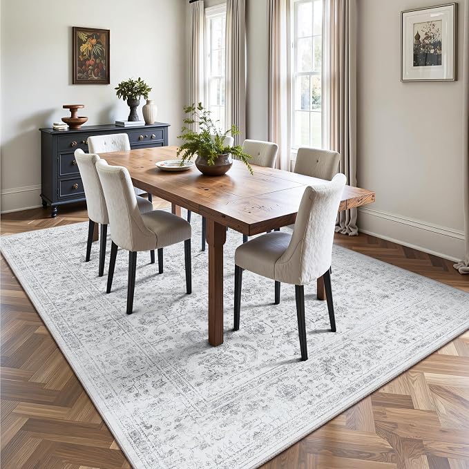 5x7 Area Rugs, Washable Vintage Retro Floral Rug for Living Room, Low Pile Non Slip Distressed Large Carpet for Bedroom, Dining Room, Office, Home (Grey)