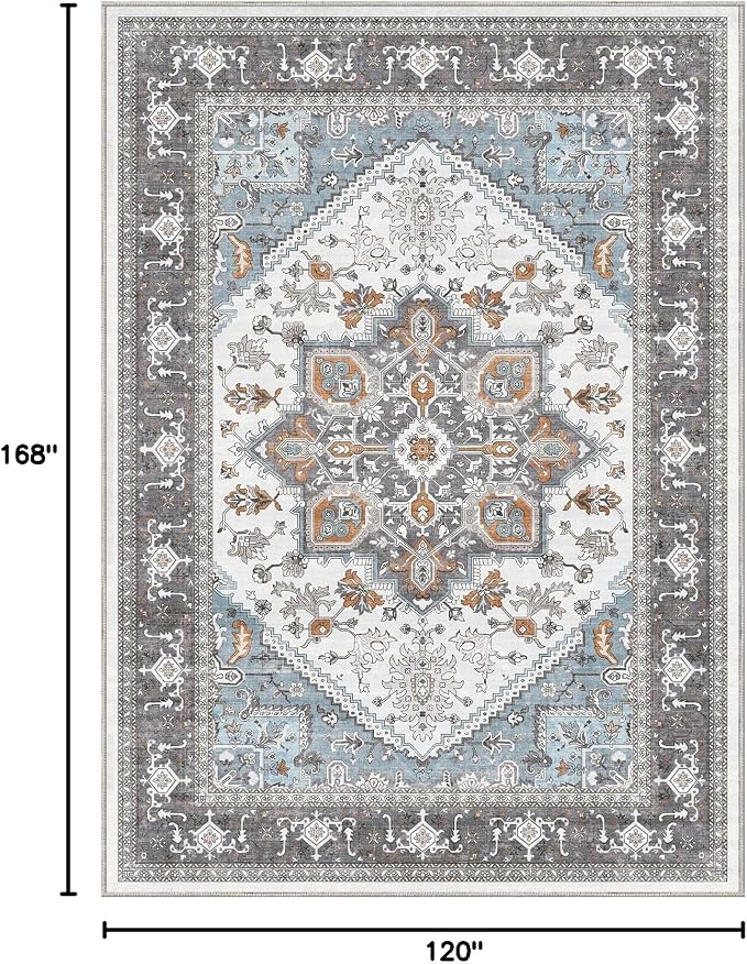 OPPODREAM Soft 10x14 Area Rugs, Washable Rugs 10x14 with Non Slip Backing, Low-Pile Faux Cashmere 10 x 14 Carpet, Grey & Teal & Yellow