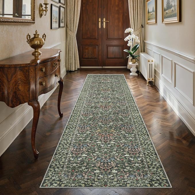 GENIMO 2x10 Washable Long Runner Rug, Non Slip Hallway Mat, Emerald Green | Vintage Boho Floral Low Pile Thin Mat for Entryway, Kitchen, Bedroom, Indoor Decor