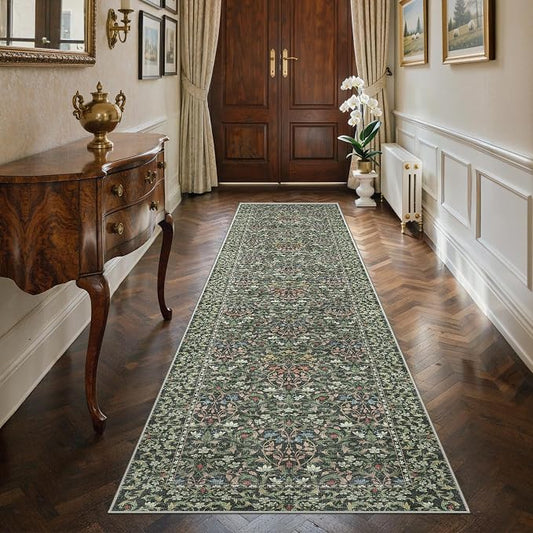 GENIMO 2x10 Washable Long Runner Rug, Non Slip Hallway Mat, Emerald Green | Vintage Boho Floral Low Pile Thin Mat for Entryway, Kitchen, Bedroom, Indoor Decor