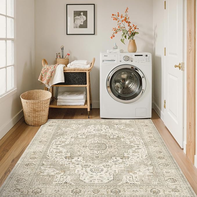 Roxstand 3x5 Area Rug - Washable Kitchen Rugs Non Slip,Soft Low Pile Small Rug for Entryway, Stain Resistant Vintage Area Rugs for Home Decor(Ivory/Beige, 3'x5')