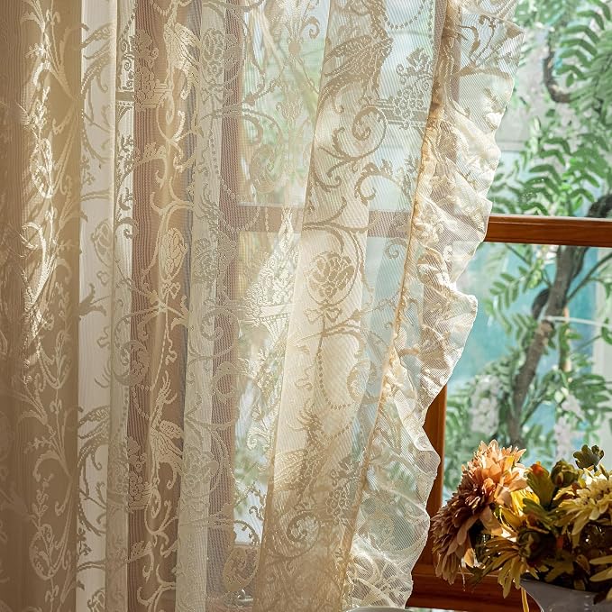 TUDECO Beige Lace Curtains for Bedroom - Floral Sheer Boho Crochet Curtains 63 Inch Length, Natural Ruffle Short Rod Pocket Light Filtering Window Treatment Grandma Core Decor, 59 x 63 Inch