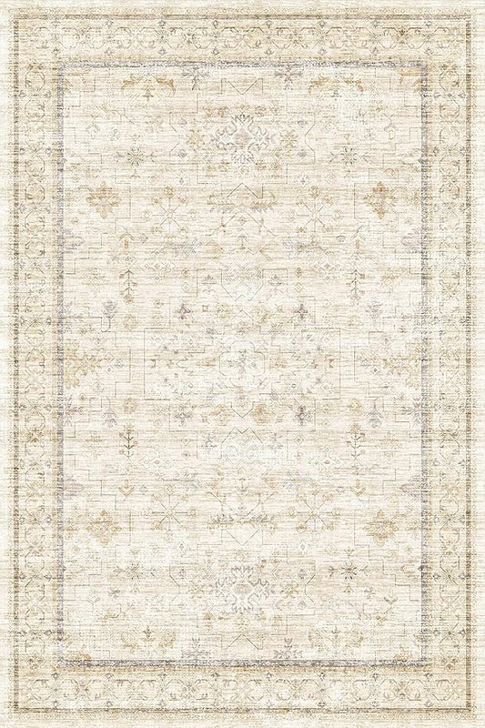 Hazo Haus Washable Ivory Beige Living Room Rug, 8x12 Non Slip Area Rugs for Bedroom, Dining Room Under Table, Low Pile Neutral Farmhouse Vintage Foldable Décor