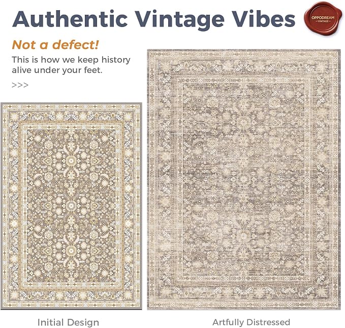 OPPODREAM Vintage Beige Area Rugs 5x7, 5 x 7 Retro Washable Rug Non Slip, Low-Pile Faux Wool Carpet, Distressed Tan Floor Mat for Living Room, Bedroom, Kitchen, Office, Dorm, Dinning Room