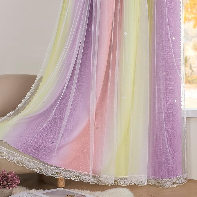 XiDi Curtains for Bedroom Decor, Rainbow Pink PurpleYellow52/45/1