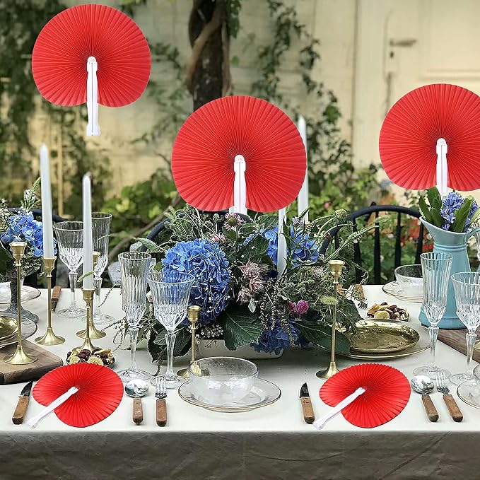 20 Pieces Red Round Paper Fans | Foldable Handheld Fans for Women,Folding Hand Fans for Wedding,Bridal Guest,Church,Party Favors,Dancing,Birthday,DIY