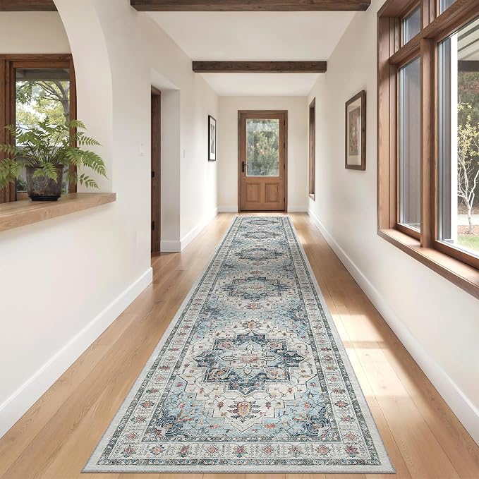 Madane Hallway Runner Rug 2'6''x16' Kitchen Runners Vintage, Blue | Long Non-Slip Washable Rugs 16ft for Entryway Laundry and Bedroom, Soft Low Pile Stain-Resistant 2.5x16 Ft Floor Carpet