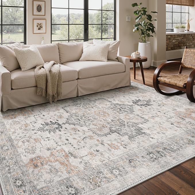 GENIMO 4x6 Area Rugs for Living Room, Machine Washable Low Pile Vintage Rugs, Non Slip Lightweight Print Rug for Bedroom, Dining Room, Home Office, Light Taupe Brown