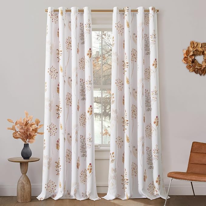 XTMYI Boho Earthy Floral Curtains - Watercolor Wildflower Print in Rust Burnt Orange and Mustard, Rustic Vintage Cottage Core Botanical Room Darkening Drapes for Bedroom Living Room Nursery
