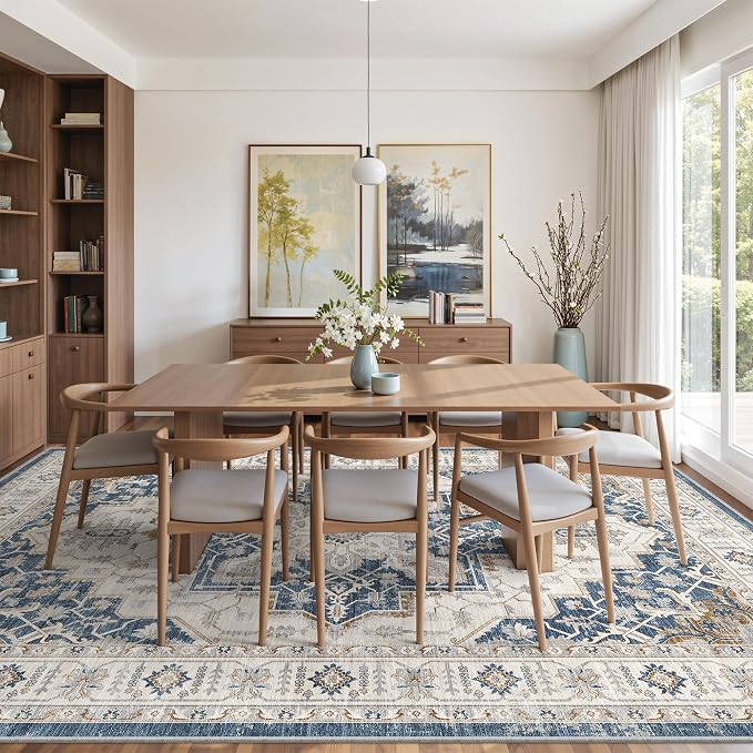 befbee 8x10 Area Rug for Living Rooms, Stain Resistant Neutral Washable Rugs for Dining Rooms, Floral Vintage Non-Slip Thin Large Size Area Rugs(Blue)