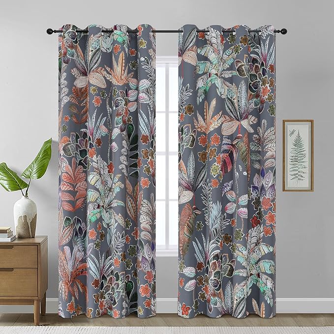 Estelar Textiler Gray Maple Leaves Blackout Curtains 96 inch Length 2 Panels,Grommet Drapes for Bedroom Living Room,Window Treatment Decor Themed, Colorful Leaf Pattern Designs Nature Print, 52Wx96L