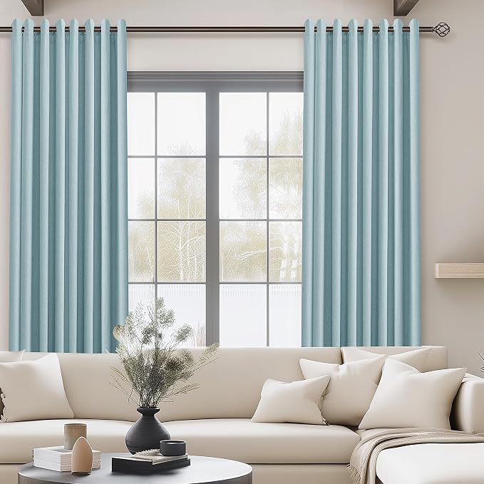 Jowels Light Blue Linen Blackout Curtains 96 Length 2 Panels Set for Living Room Bedroom, 100% Black Out Thermal Insulated Linen Drapes, Room Darkening Grommet Curtains 96 Inches Long Light Blue