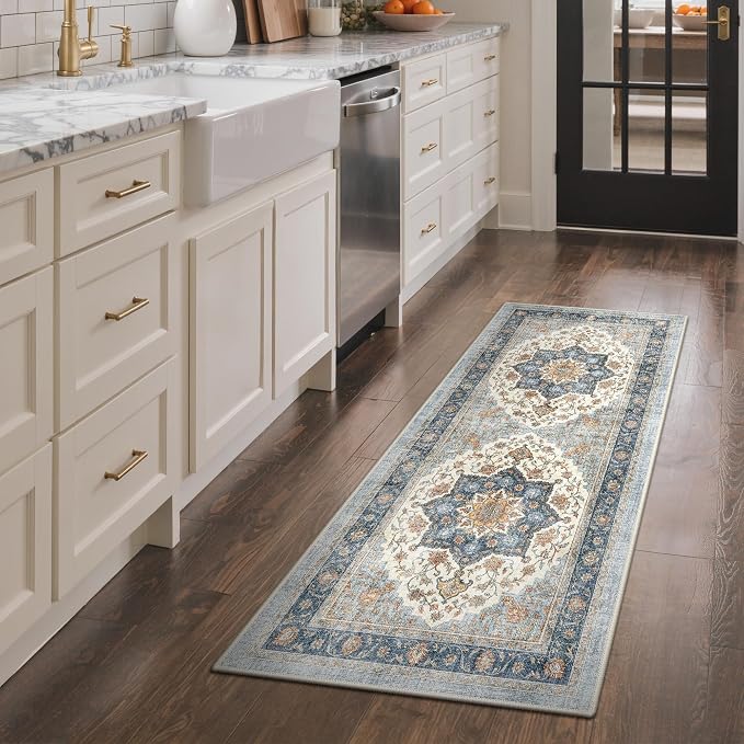 GENIMO Runner Rug 2x5 Non Slip Machine Washable Hallway Runner Rug, Low Pile Lightweight Rugs for Entryway, Hallway, Kitchen and Corridor, Vintage Blue Medallion