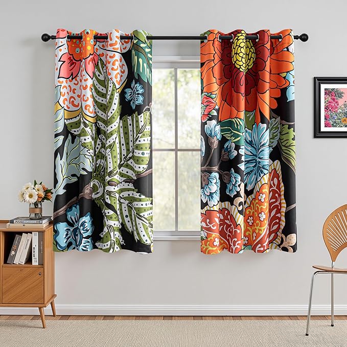 MYSKY HOME Black Boho Floral Blackout Curtains & Drapes for Bedroom 63 inch Long Black Out Curtain with Botanical Leaf Design for Living Room Thermal Insulated Room Darkening Drape, Pack-2, 52Wx 63L