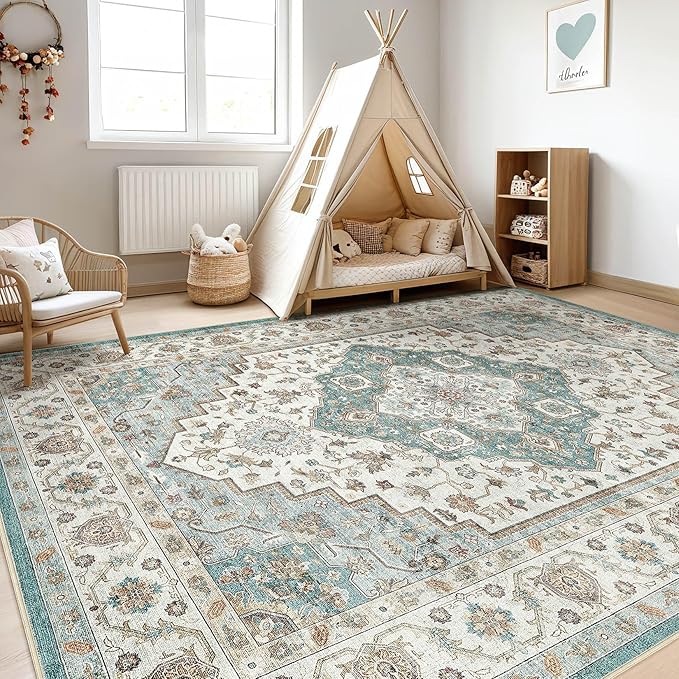 10x14 Area Rugs Living Room: Washable Boho Large Neutral Vintage Soft Rug Stain Resistant Farmhouse Non-Slip Indoor Floor Carpet for Bedroom Nursery Kids Playroom Office Dining Room Home- Teal Brown