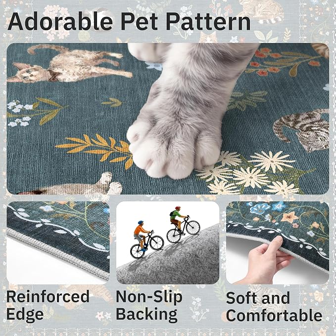 Soalmost Cat 3x5 Area Rugs for Entryway, Machine Washable Animal Floral Accent Rug Non-Slip Low Pile Soft Throw Rugs for Kitchen Bedside Living Room Bedroom Kids Room (3 x 5,Navy Blue)