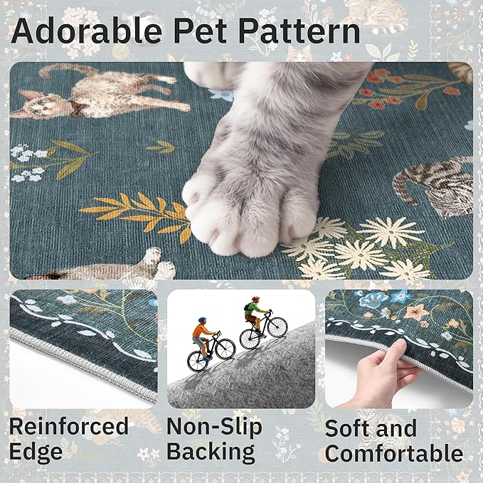 Soalmost Cat 9x12 Area Rugs for Living Room, Machine Washable Animal Floral Vintage Rug Non-Slip Low Pile Soft Throw Large Rugs for Classroom Bedroom Dining Room Nursery Playroom (9 x 12,Navy Blue)