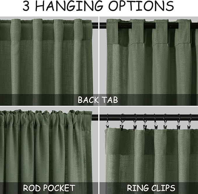 Nanspring Olive Green Boho Curtains for Bedroom Back Tab Rod Pocket Semi Sheer Linen Curtains 90 Inches Long 2 Panel Set Light Filtering Neutral Farmhouse Lightweight Drapes for Living Room 40x90