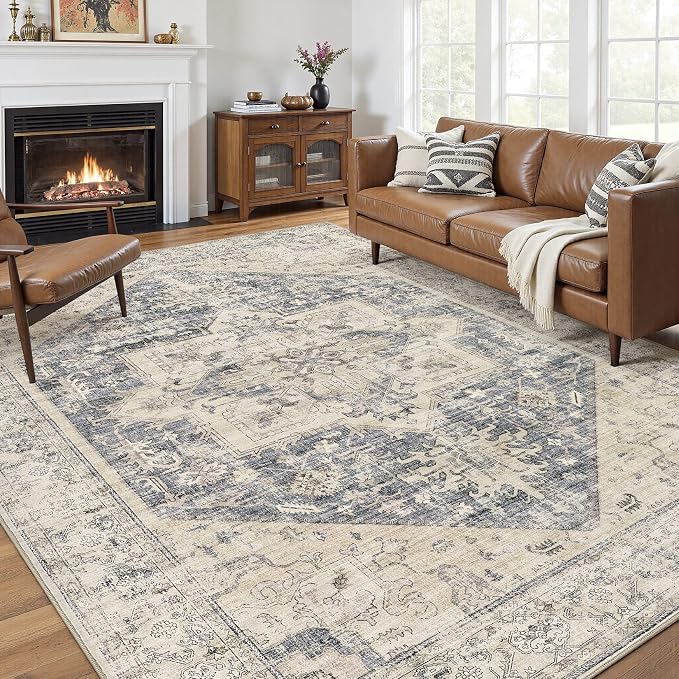7x9 Area Rugs for Living Room - Large Carpet Ultra Thin Soft Washable Oriental Vintage Floral Distressed Big Indoor Carpets for Bedroom Nursery Dorm Home Decor Aesthetic - Blue Beige