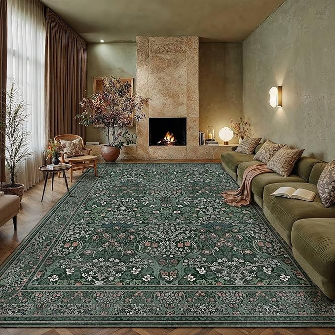 HUGEAR Vintage Floral Machine Washable 9x12 Area Rugs Green Living Room Bedroom Rug Retro Neutral Stain Resistant Non Slip Low Pile Throw Carpet for Home Aesthetic Modern Decor