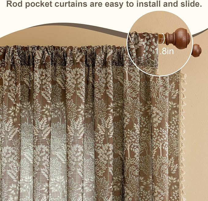 OYX Vintage Curtains 96 Inch, Farmhouse Curtain Botanical Drapes with Tassels, Linen Textured Light Filtering Semi Sheer Curtains for Living Room Bedroom,2 Panels,Rod Pocket, 52Wx96L