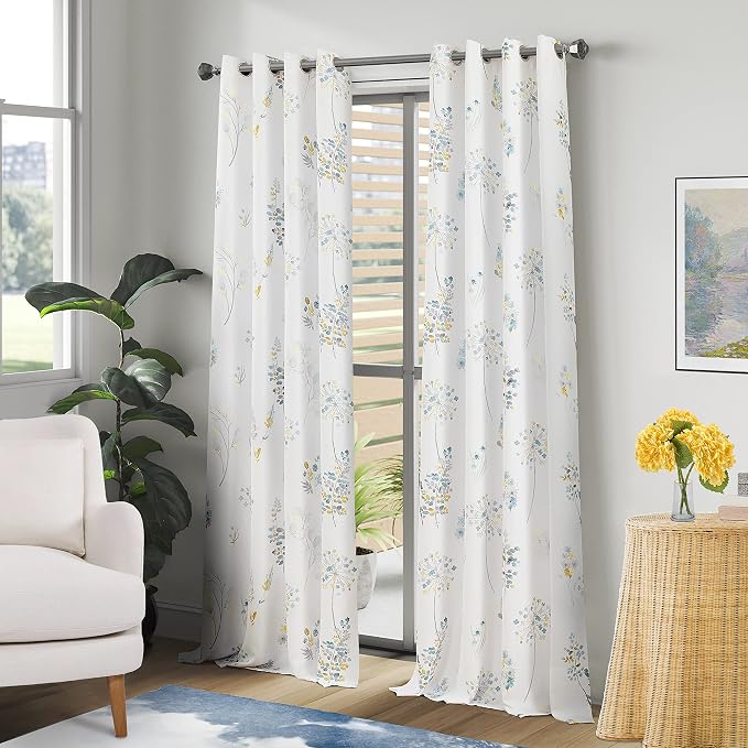 XTMYI Yellow Blue and Grey Floral Spring Curtains 96 Inches Long 2 Panel Set, Flower Patterned Watercolor Printed Colorful Curtain & Drapes for Living Room Bedroom