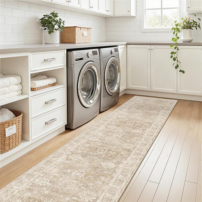 Madane Runner Rug 2x10 for Hallway, Kitchen Non-Slip Runner Rug with Rubber Backing, Vintage Soft Low Pile Throw Neutral Carpet Runner for Laundry Room Entryway Bathroom Bedroom (2 x 10, Beige/Brown)