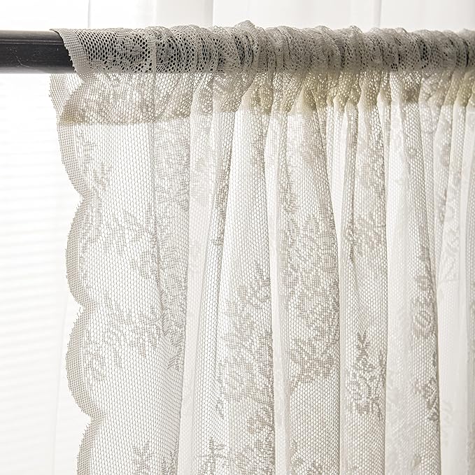 Sutuo Home Ivory Lace Curtains Set of 2, Sheer Panels 72 Inch Length Floral Embroidery Vintage Voile Window Treatment Pair for Bedroom Living Room Kitchen, Shabby Chic Decor Rod Pocket, W57 x L72