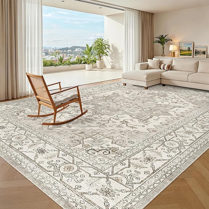 Madane 8x10 Area Rugs for Living Room, Non-Slip Washable Rug, Beige/Brown | Ultra-Thin Stain Resistant Vintage Large 8'X10' Carpet, Soft Low Pile Floor Mat For Bedroom Dining Room Office Home Decor