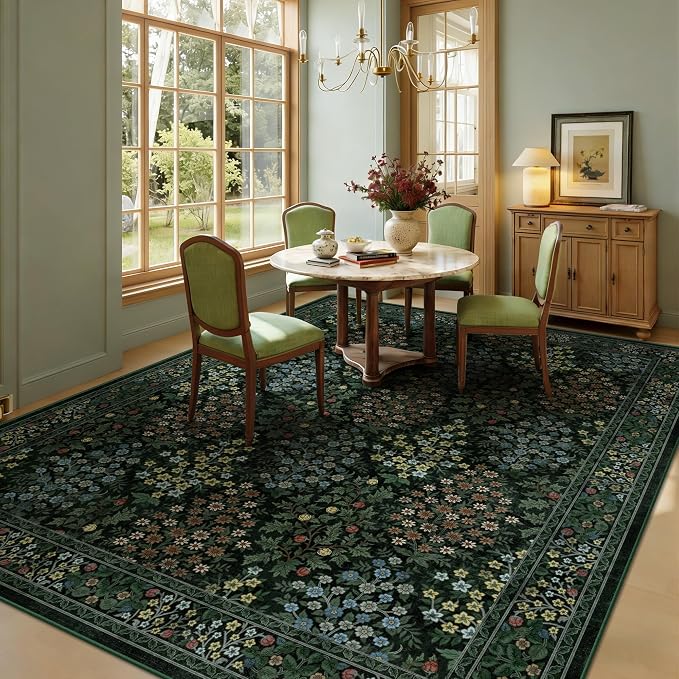 8x10 Area Rugs, Green Washable Low Pile Floral Rugs for Living Room, Bedroom, Large Boho Area Rug with Non-Slip Backing for Dining Room