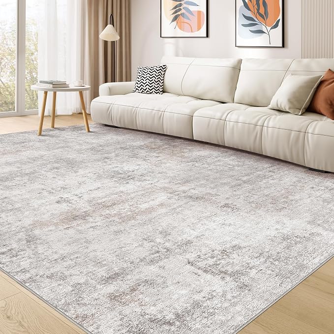 Abstract 8x10 Area Rug: Machine Washable Non Slip Ultra Thin Low-Pile Carpet, Soft Stain Resistant for Living Dining Room Bedroom, Kid Pet Friendly, Robot Vacuum Compatible - Brown Grey