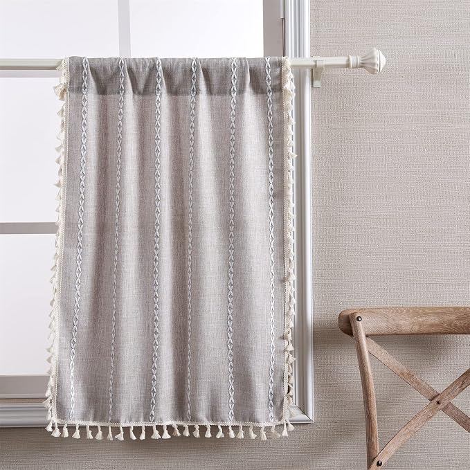 RoomTalks Tan Rustic Farmhouse Linen Kitchen Curtains 45 Inch Length Country Cottage Vintage Chic Tassel Short Cafe Curtains for Small Windows