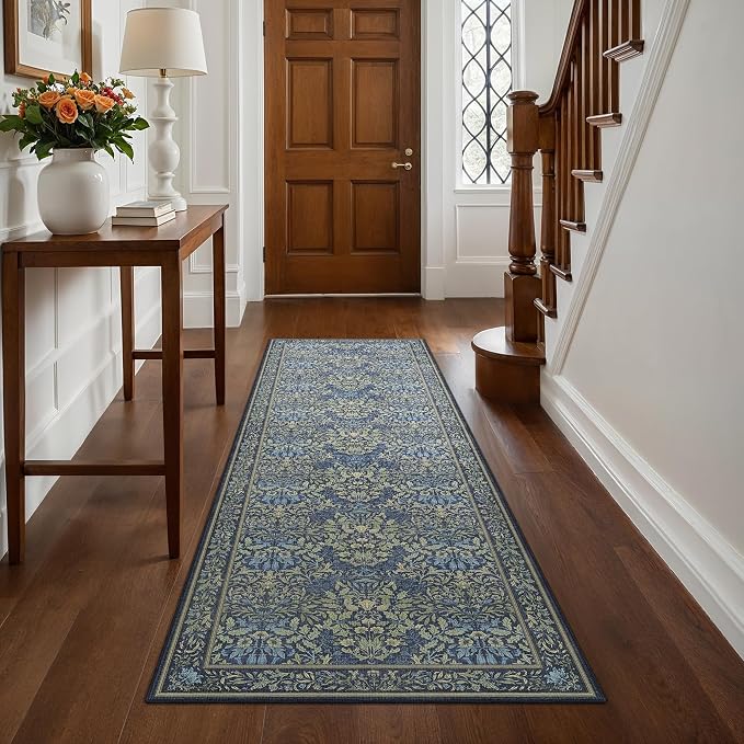 GENIMO 2.5x8 Washable Hallway Runner Rug, Non Slip, Dark Blue | Vintage Boho Floral Low Pile Thin Mat for Entryway, Kitchen, Bedroom, Indoor Decor