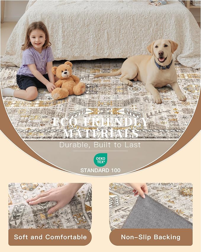 Madane Hallway Runner Rug 3x10 Washable Kitchen Runners 10ft, Brown/Gold | Vintage Non-Slip Entryway Area Rugs Indoor, Low-Pile Farmhouse Wide Floor Carpet for Bathroom Living Room Bedroom
