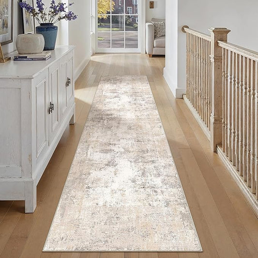 2x12 Washable Runner Rug Beige Grey Abstract Non Slip Soft Low Pile Hallway Kitchen Rug Neutral Modern Carpet for Laundry Bathroom Bedroom Living Room Home Decor
