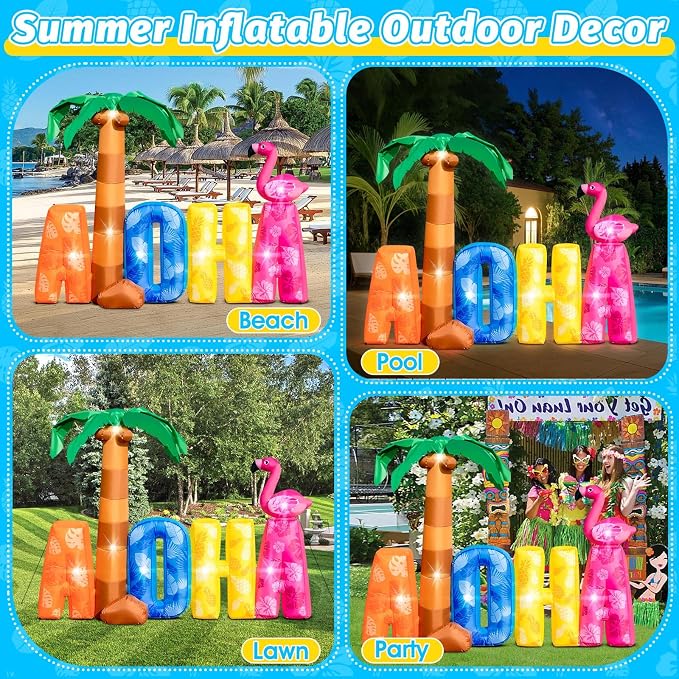7FT Inflatable Aloha with Palm Tree Flamingo for Luau Party Decorations, Blow Up Aloha Sign Built-in 7 LED Lights for Summer Outdoor Decor, Hawaiian Beach Pool Yard Garden Birthday Photo Backdrop