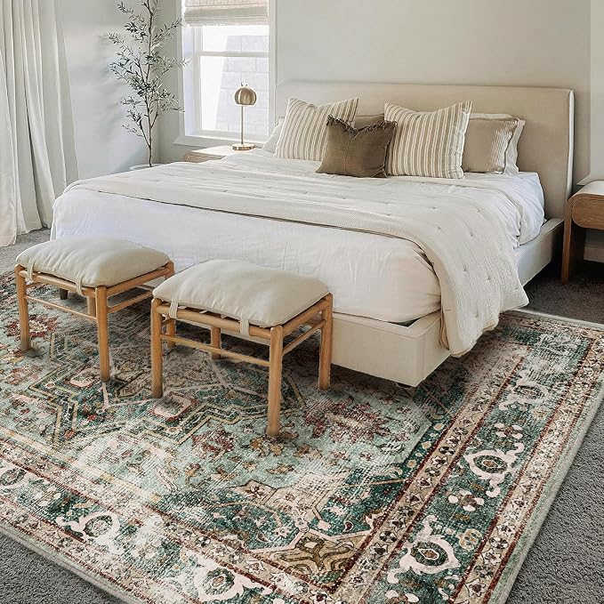 CHAMPLANT Green Area Rug 10'x14' Washable Vintage Traditional Mat Distressed Indoor Foldable Thin Retro Accent Floral Print Rug Non Slip Carpet for Living Room Dining Room Office
