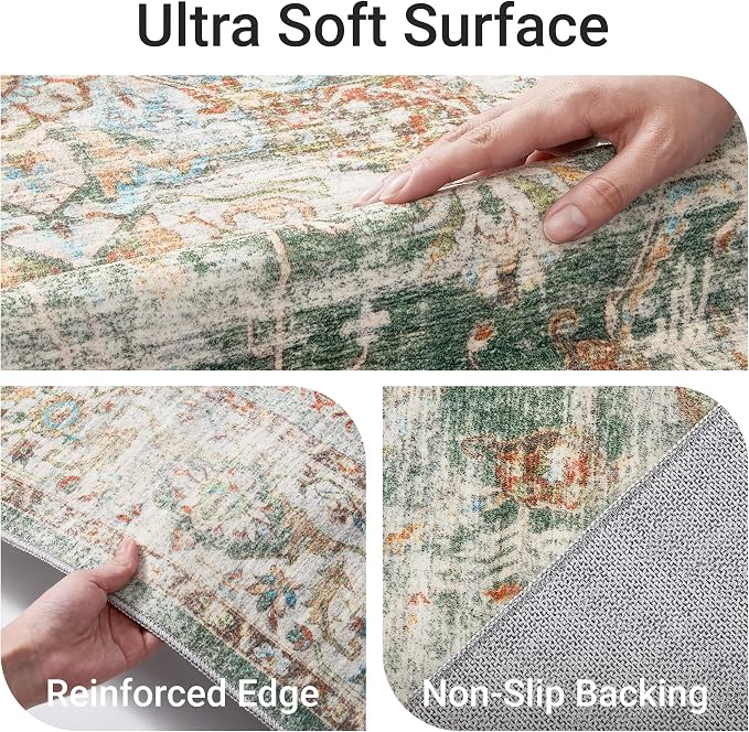 befbee 5x7 Area Rugs for Living Room,Stain Resistant Washable Rug,Non-Slip Backing Rugs for Bedroom,Kitchen,Printed Vintage Home Decor Rug (Green, 5'x7')