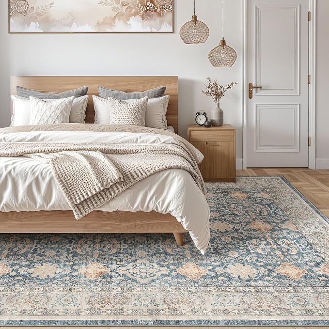 Vintage Living Room Area Rug 9x12 - Large Soft Washable Oriental Traditional Distressed Farmhouse Rugs for Bedroom - Indoor Floor Accent Carpet for Home Office House Decor - Dark Blue