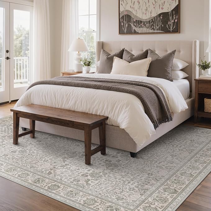Bavni 2x6 Rug Runners for Hallways, Washable Runner Rug Non Slip,Vintage Floral Print Style Rugs for Bedroom-Lightweight Low Pile Carpet for Hallways Bathroom, Light Grey