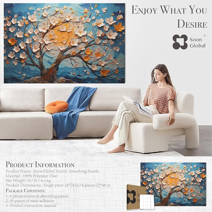 Soon Global Acoustical Wall Panels, 72 X 48 Inches Art Acoustic Panels, Decorative Acoustic Panels, Acoustic Wall Panels, Sound Absorbing Wall Art, Canvas