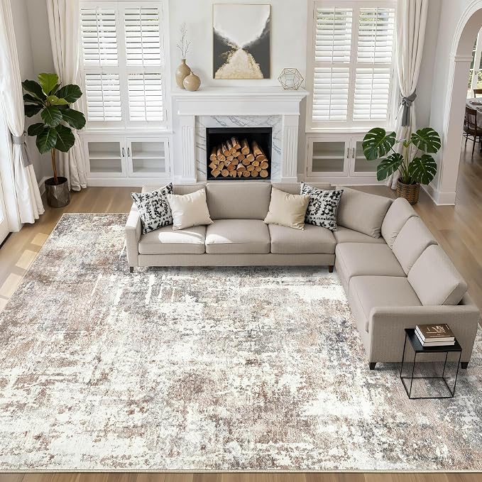 12x18 Rug Living Room: Washable Extra Large Abstract Modern Soft Area Rug Stain Resistant Indoor Floor Non-Slip Accent Carpet for Bedroom Nursery Playroom Office Dining Room Home House- Brown