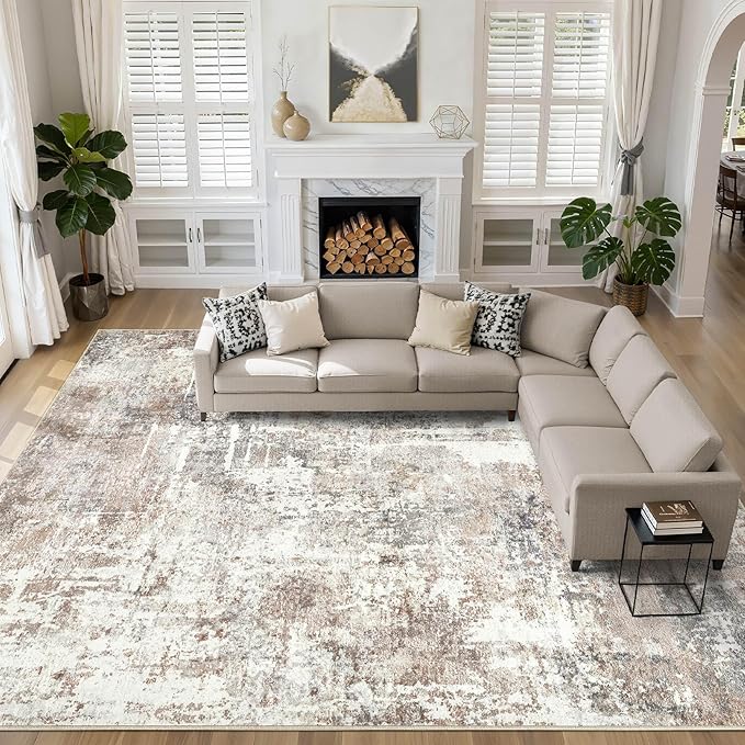 10x13 Area Rug Living Room: Washable Large Abstract Modern Soft Rugs Stain Resistant Indoor Floor Non Slip Accent Carpet for Bedroom Nursery Playroom Office Dining Room Dorm Home Decor- Brown