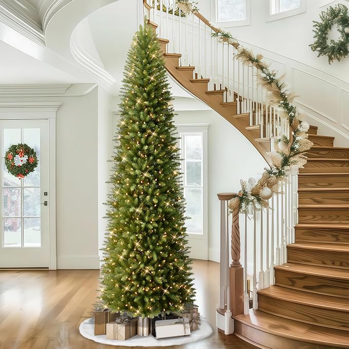 Puleo International 10ft Pre-Lit Fraser Fir Pencil Christmas Tree with 650 Clear Lights, 2436 Realistic Dense Branch Tips, Easy Setup Artificial Trees with Sturdy Metal Stand
