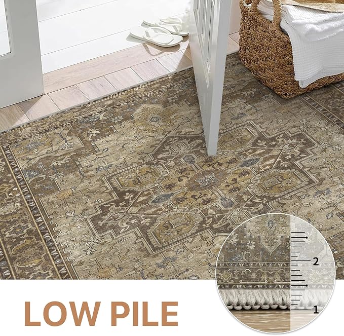 GENIMO 10x14 Area Rugs for Living Room, Machine Washable Non Slip Vintage Rugs, Low Pile Lightweight Print Rug for Bedroom, Dining Room, Home Office, Rustic Brown