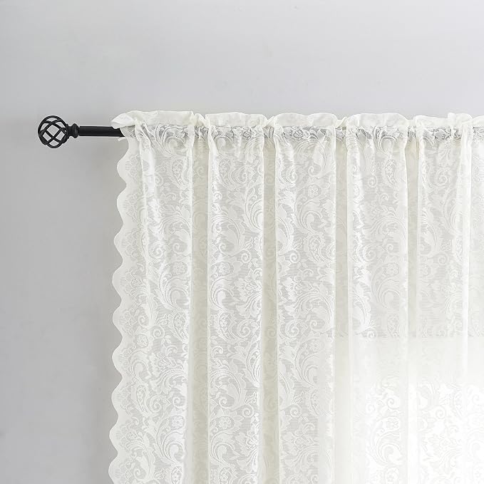 ALIGOGO Ivory Kitchen Curtains 45 Inch Length Rustic Country Floral Lace Cafe Curtains for Small Window Embroidered Privacy Scalloped Crochet Rod Pocket, 52 x 45 Inch, 2 Panels
