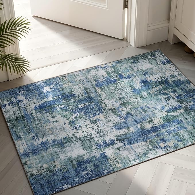 Sasttie 2x3 Area Rug for Entryway, Washable Modern Abstract Small Carpet for Living Room Bedroom Door-mat, Soft Entry Rug with Non-Slip Backing, Blue and Green